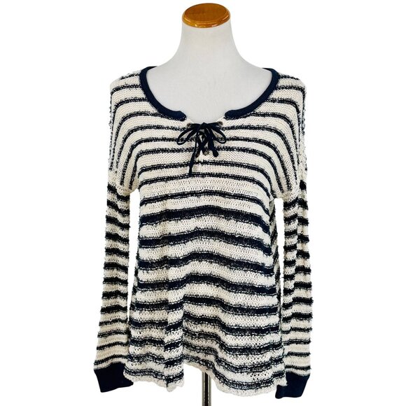 NWT Free People Navy White Striped Soft Knit Lace Up Sweater | Coastal Boho Prep - Picture 2 of 16